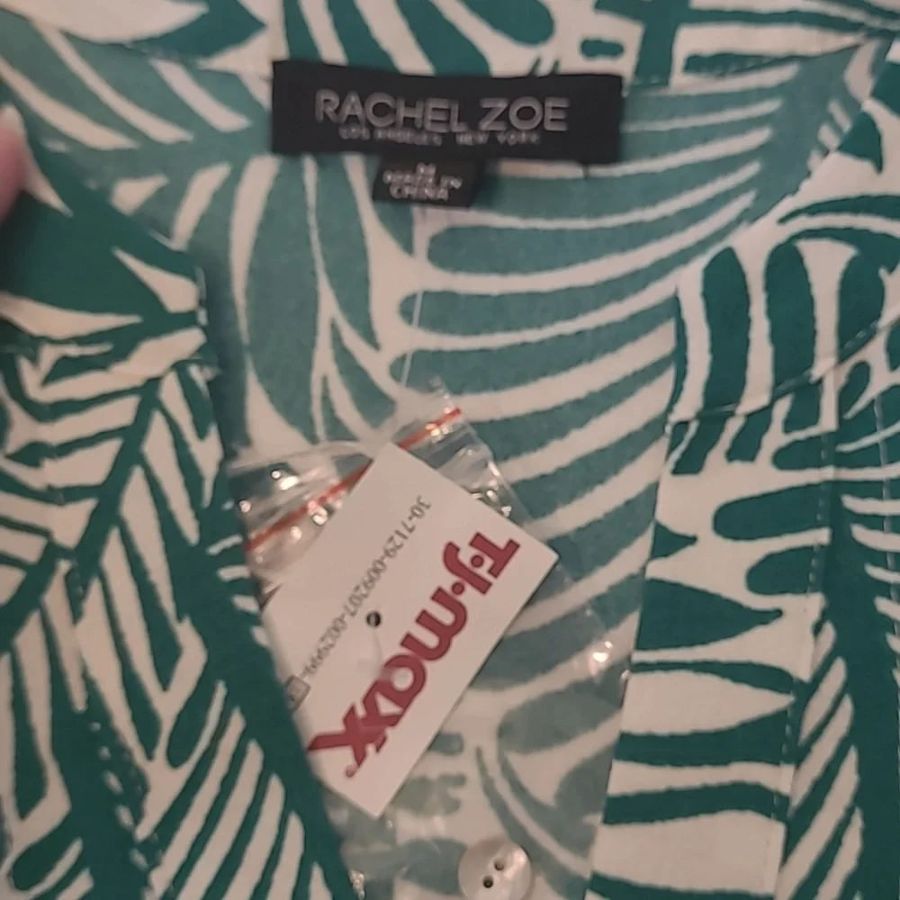 Rachel Zoe Sz M Green and White Leaf Print Long Sleeve Size Medium Button Front - Picture 4 of 11
